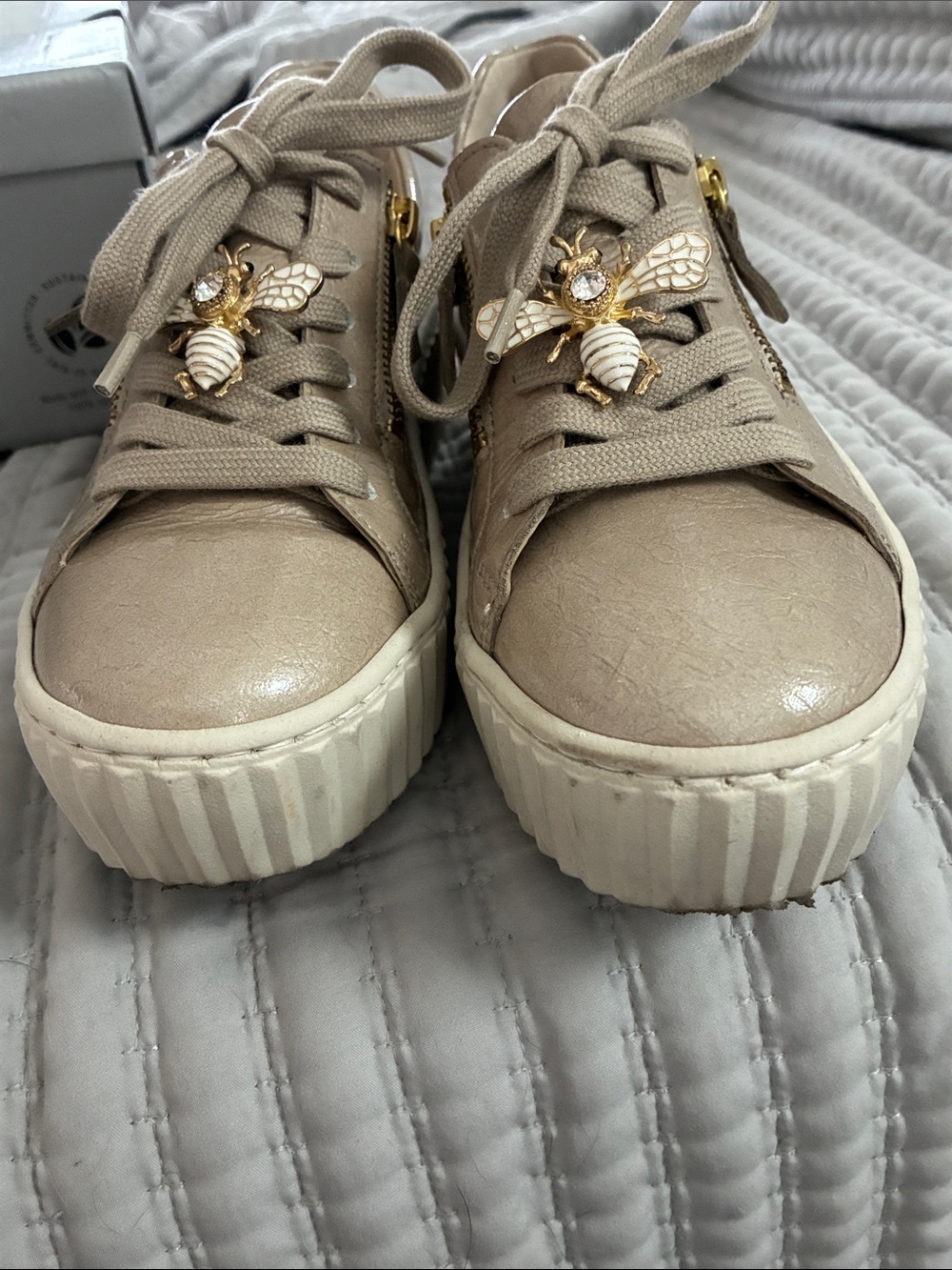 Gabor Beige Patent Leather Platform Sneakers with Gold Zippers - Picture 5 of 11